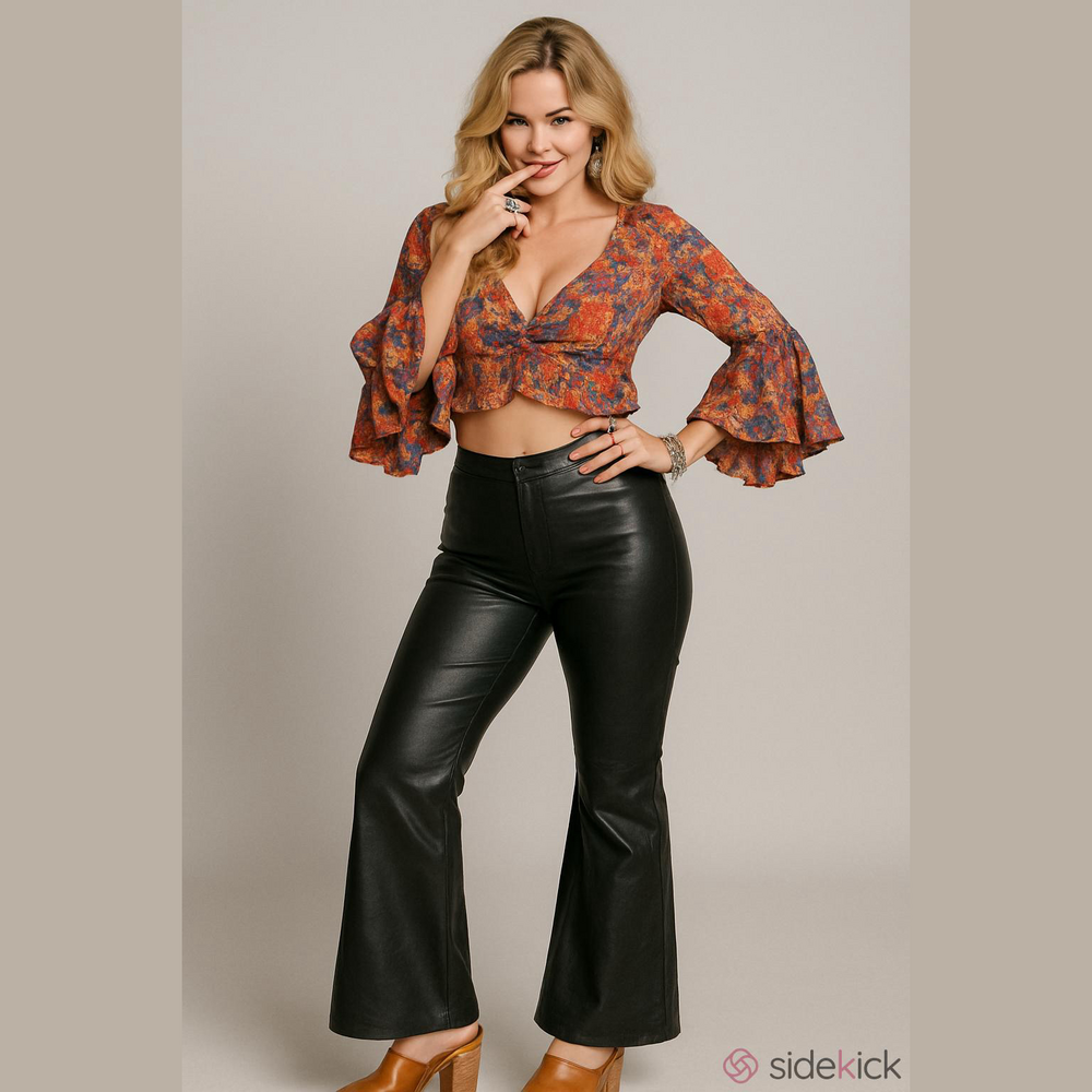 Shein bell-bottom pants retro black vegan leather glam cocktail whimsigoth boho